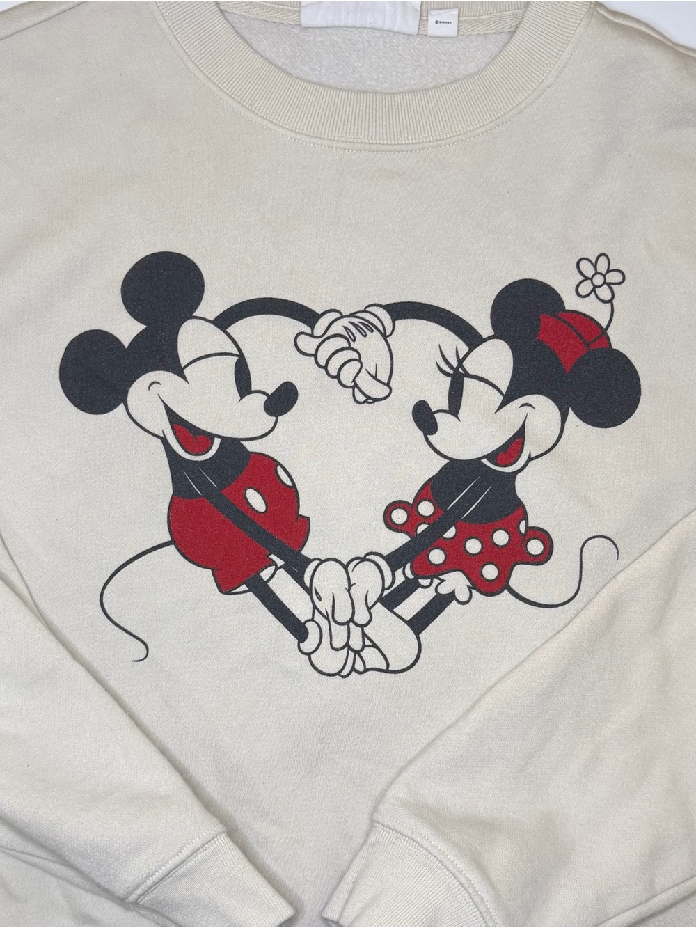 Disney x Gap Cream Sweatshirt with Red & Black Mickey and Minnie Heart Graphic